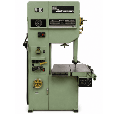 Dake-Johnson V-16 vertical band saw in green, front view